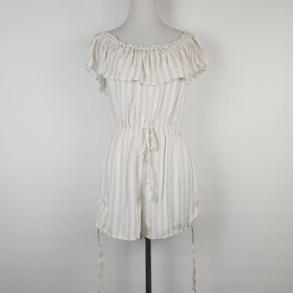 Le Lis Striped Tan Off the Shoulder Romper Elastic Drawstring Size Medium